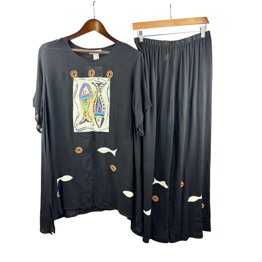 Women’s Crazy Fish XL Black w/ Fish Pattern Short Sleeve Blouse & Pant Set